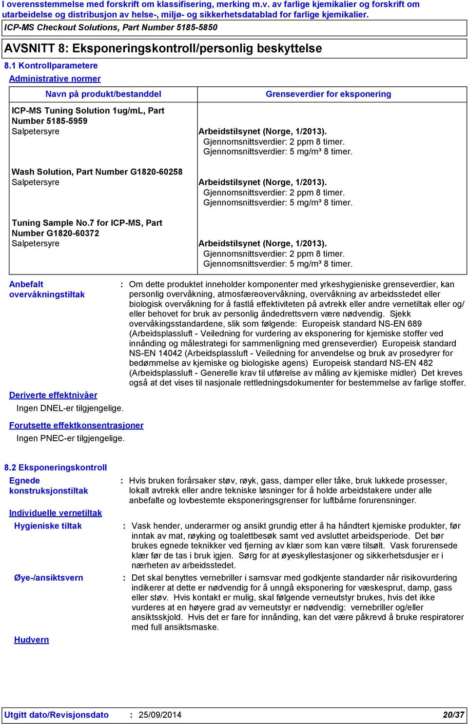 Gjennomsnittsverdier 2 ppm 8 timer. Gjennomsnittsverdier 5 mg/m³ 8 timer. Salpetersyre Arbeidstilsynet (Norge, 1/2013). Gjennomsnittsverdier 2 ppm 8 timer. Gjennomsnittsverdier 5 mg/m³ 8 timer. ICP-MS, Part Number Salpetersyre Arbeidstilsynet (Norge, 1/2013).