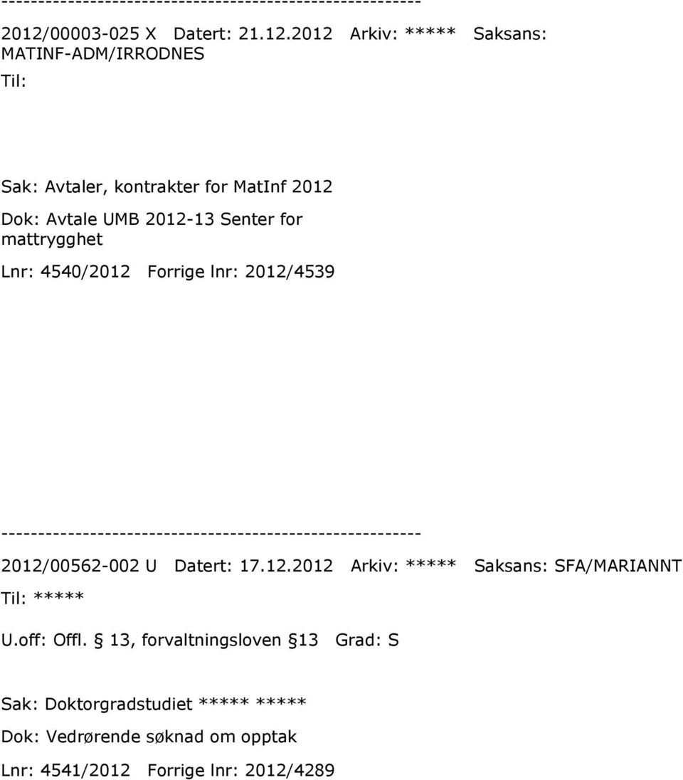 2012/00562-002 U Datert: 17.12.2012 Arkiv: ***** Saksans: SFA/MARIANNT ***** U.off: Offl.