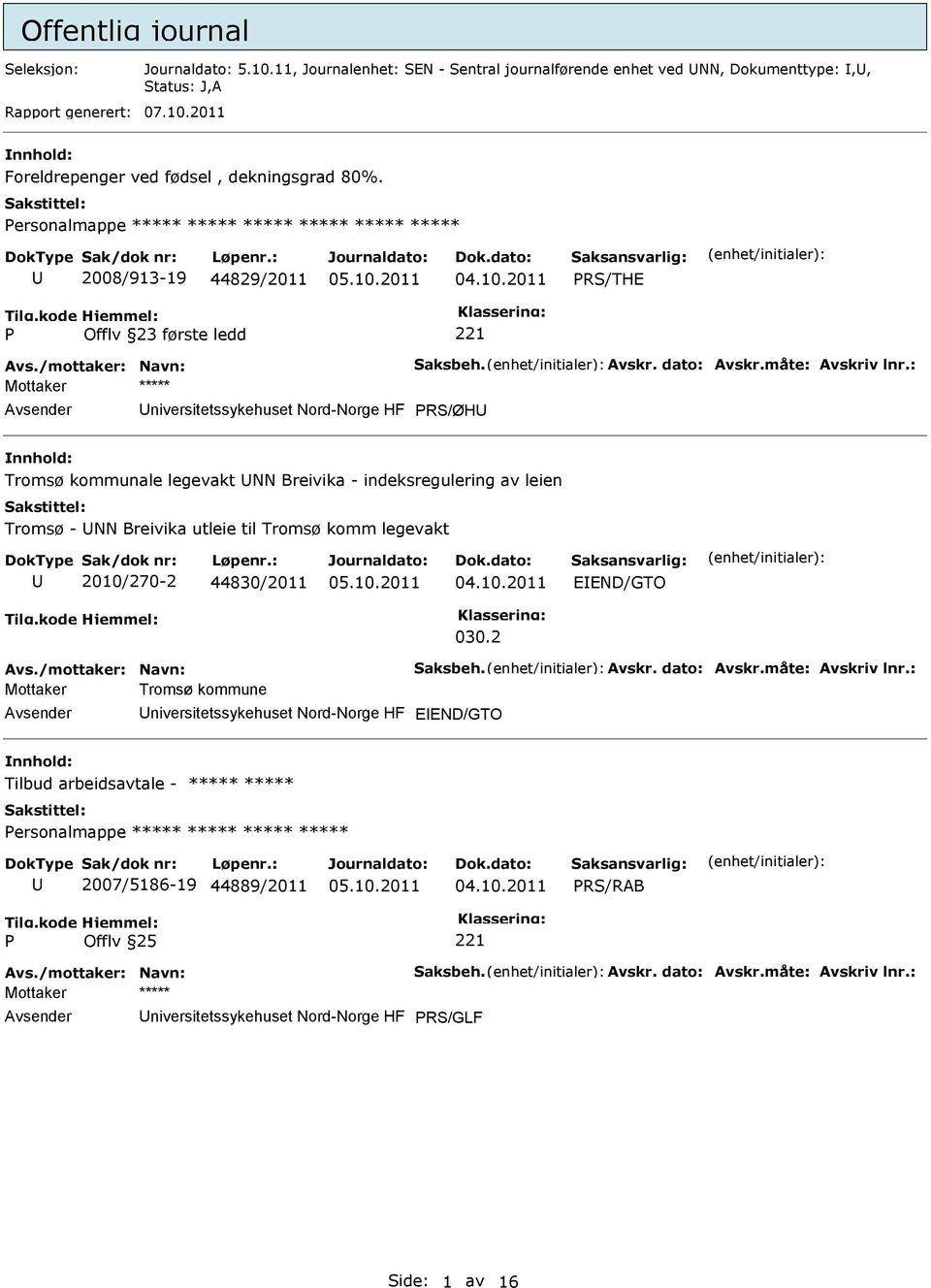 : niversitetssykehuset Nord-Norge HF RS/ØH Tromsø kommunale legevakt NN Breivika - indeksregulering av leien Tromsø - NN Breivika utleie til Tromsø komm legevakt 2010/270-2 44830/2011 EEND/GTO 030.