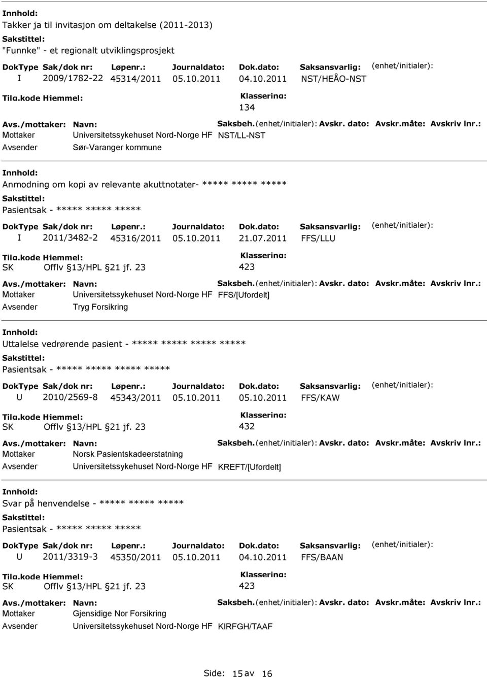 : Mottaker niversitetssykehuset Nord-Norge HF NST/LL-NST Sør-Varanger kommune Anmodning om kopi av relevante akuttnotater- ***** ***** ***** asientsak - ***** ***** ***** 2011/3482-2 45316/2011 21.07.