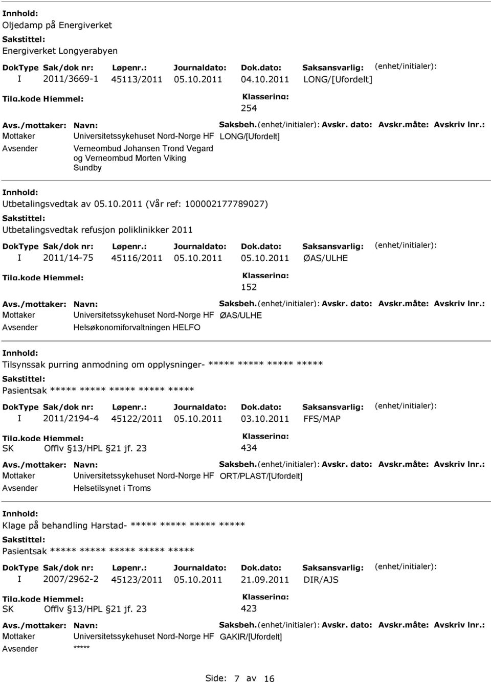 refusjon poliklinikker 2011 2011/14-75 45116/2011 ØAS/LHE 152 Avs./mottaker: Navn: Saksbeh. Avskr. dato: Avskr.måte: Avskriv lnr.