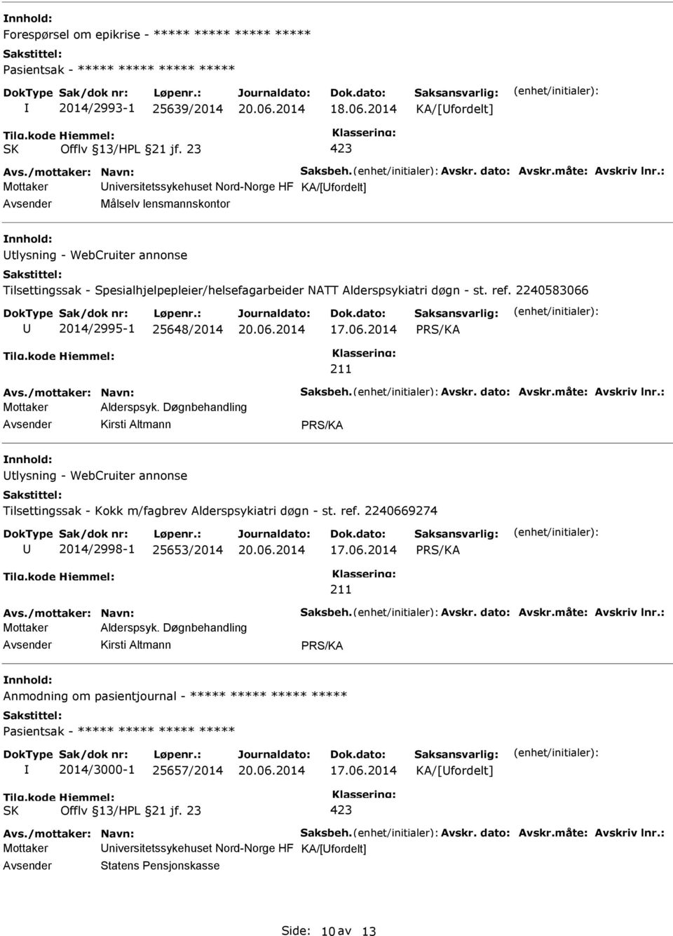 Døgnbehandling tlysning - WebCruiter annonse Tilsettingssak - Kokk m/fagbrev Alderspsykiatri døgn - st. ref. 2240669274 2014/2998-1 25653/2014 Mottaker Alderspsyk.