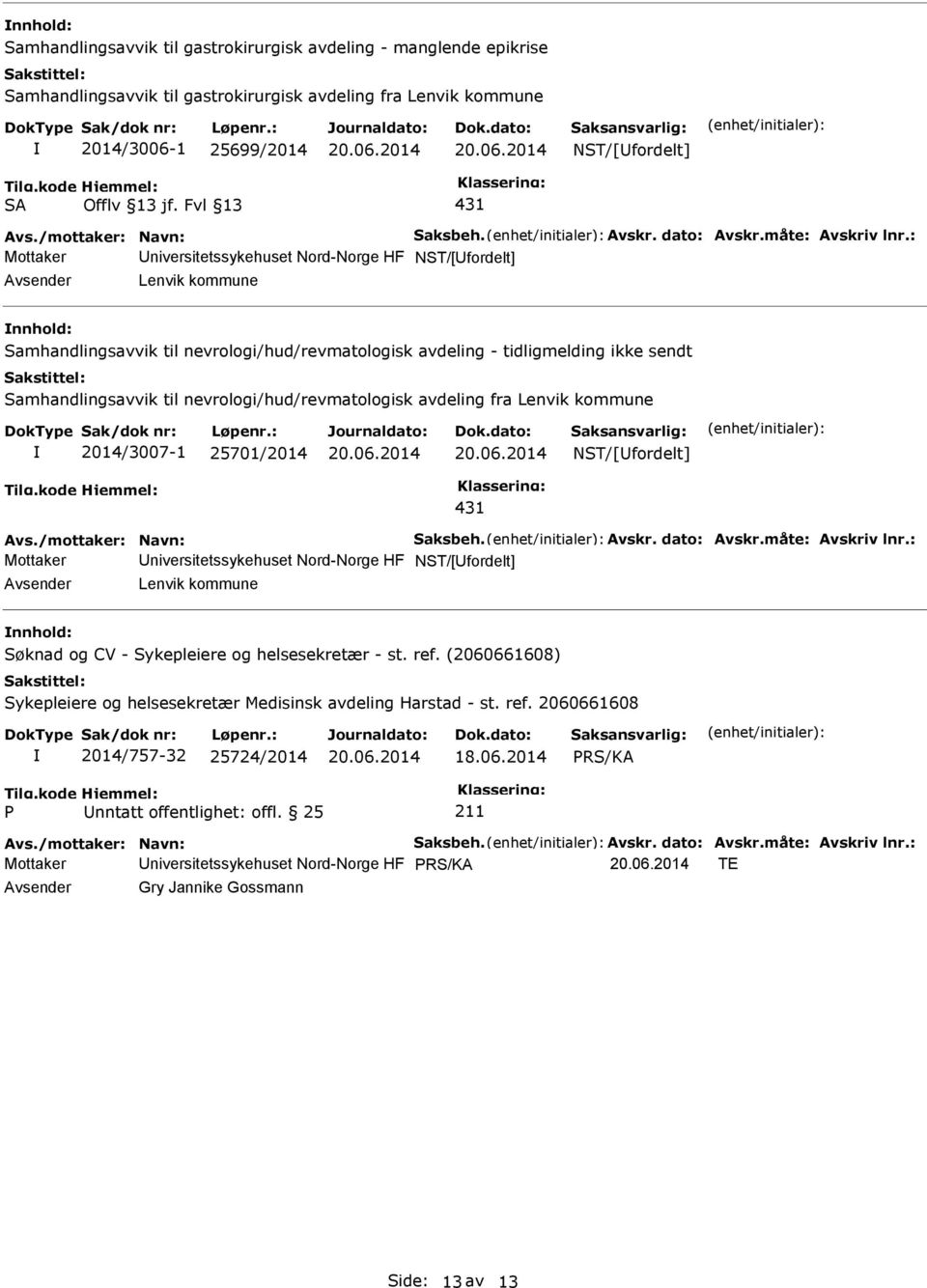 nevrologi/hud/revmatologisk avdeling fra Lenvik kommune 2014/3007-1 25701/2014 NST/[fordelt] 431 Mottaker niversitetssykehuset Nord-Norge HF NST/[fordelt] Lenvik kommune Søknad og CV - Sykepleiere og