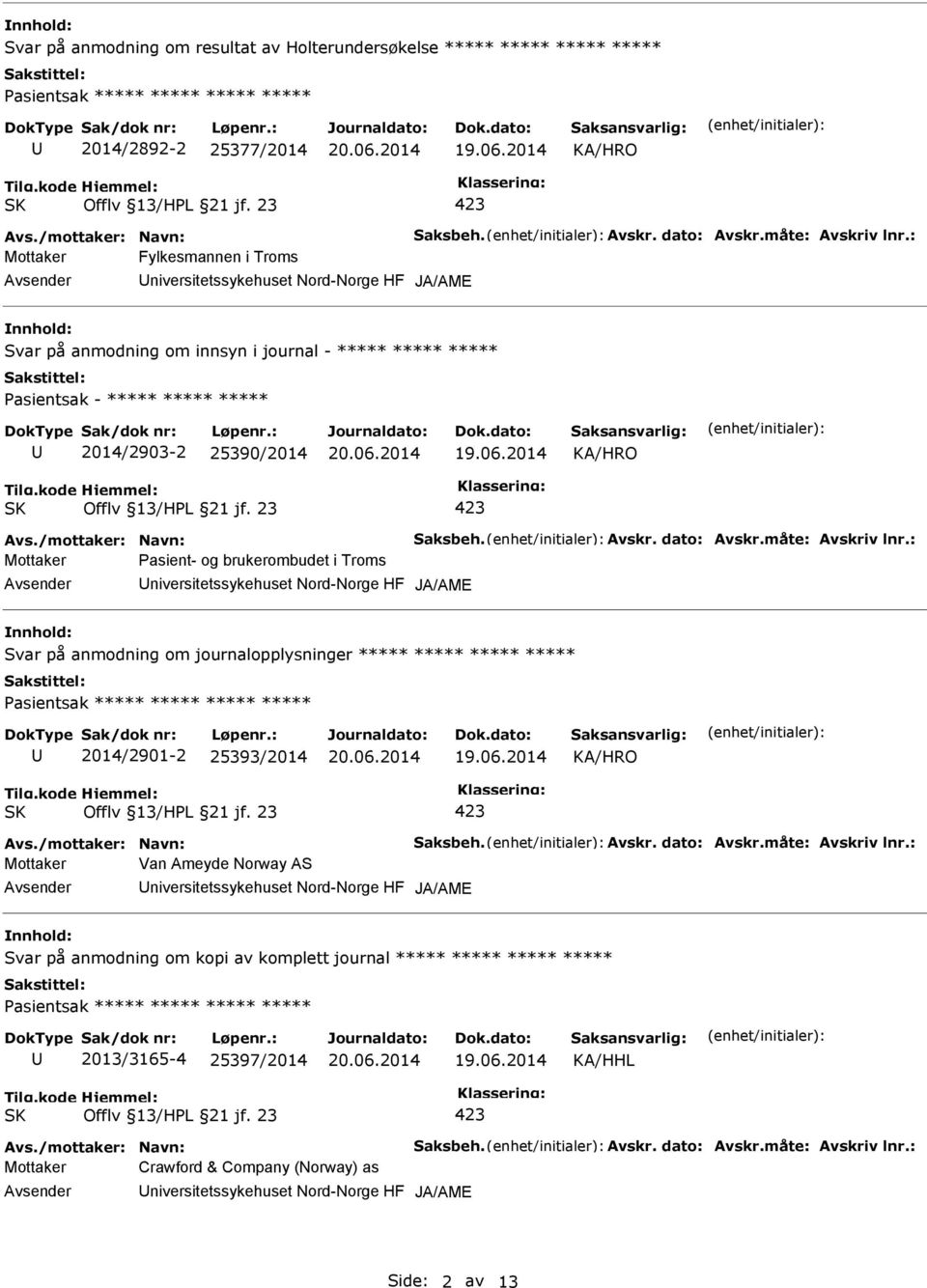 på anmodning om journalopplysninger ***** ***** ***** ***** 2014/2901-2 25393/2014 Mottaker Van Ameyde Norway AS niversitetssykehuset Nord-Norge HF Svar på anmodning