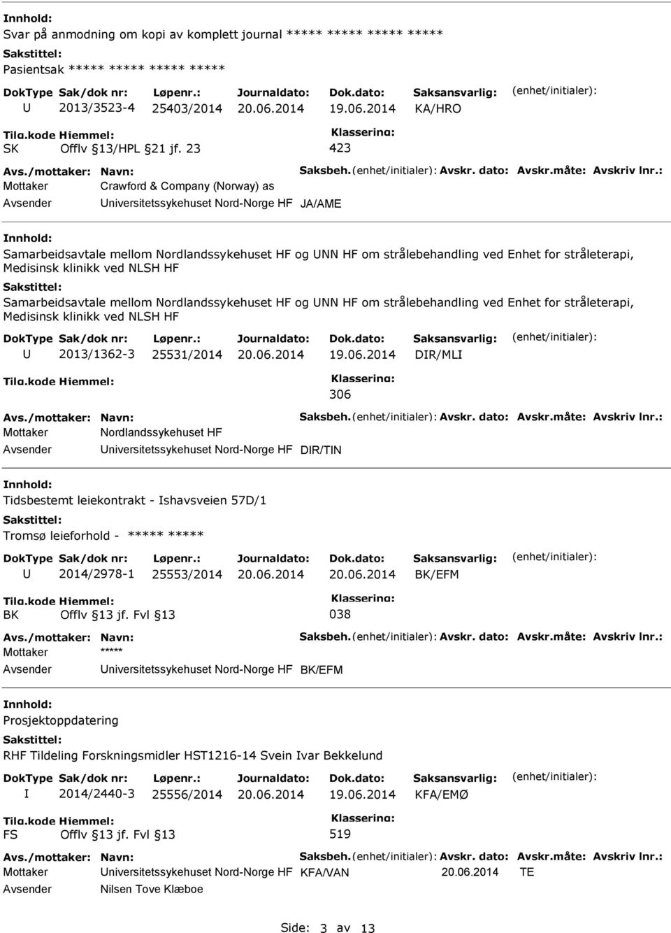 stråleterapi, Medisinsk klinikk ved NLSH HF 2013/1362-3 25531/2014 DR/ML 306 Mottaker Nordlandssykehuset HF niversitetssykehuset Nord-Norge HF DR/TN Tidsbestemt leiekontrakt - shavsveien 57D/1 Tromsø