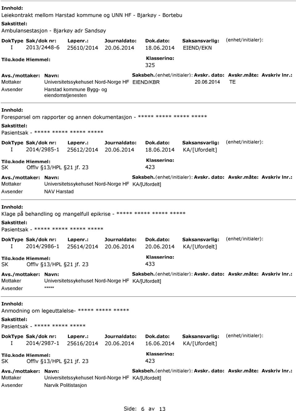 Nord-Norge HF KA/[fordelt] NAV Harstad Klage på behandling og mangelfull epikrise - ***** ***** ***** ***** ***** 2014/2986-1 25614/2014 KA/[fordelt] 433 Mottaker niversitetssykehuset Nord-Norge