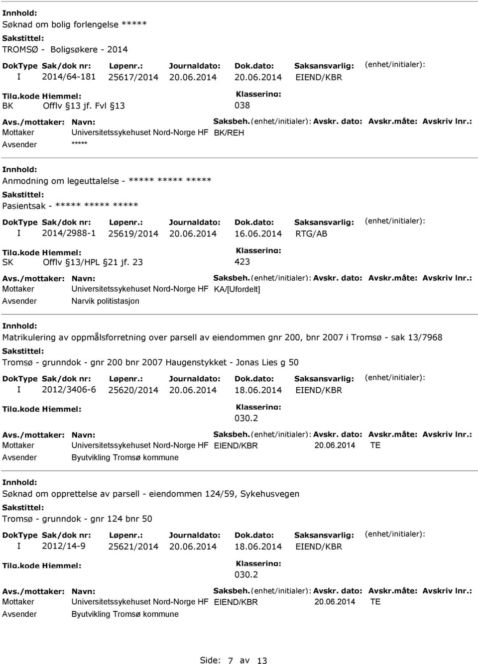 2014 RTG/AB Mottaker niversitetssykehuset Nord-Norge HF KA/[fordelt] Narvik politistasjon Matrikulering av oppmålsforretning over parsell av eiendommen gnr 200, bnr 2007 i Tromsø - sak 13/7968 Tromsø