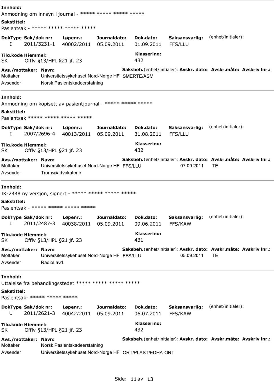 /mottaker: Navn: Saksbeh. Avskr. dato: Avskr.måte: Avskriv lnr.: Mottaker FFS/LL 07.09.