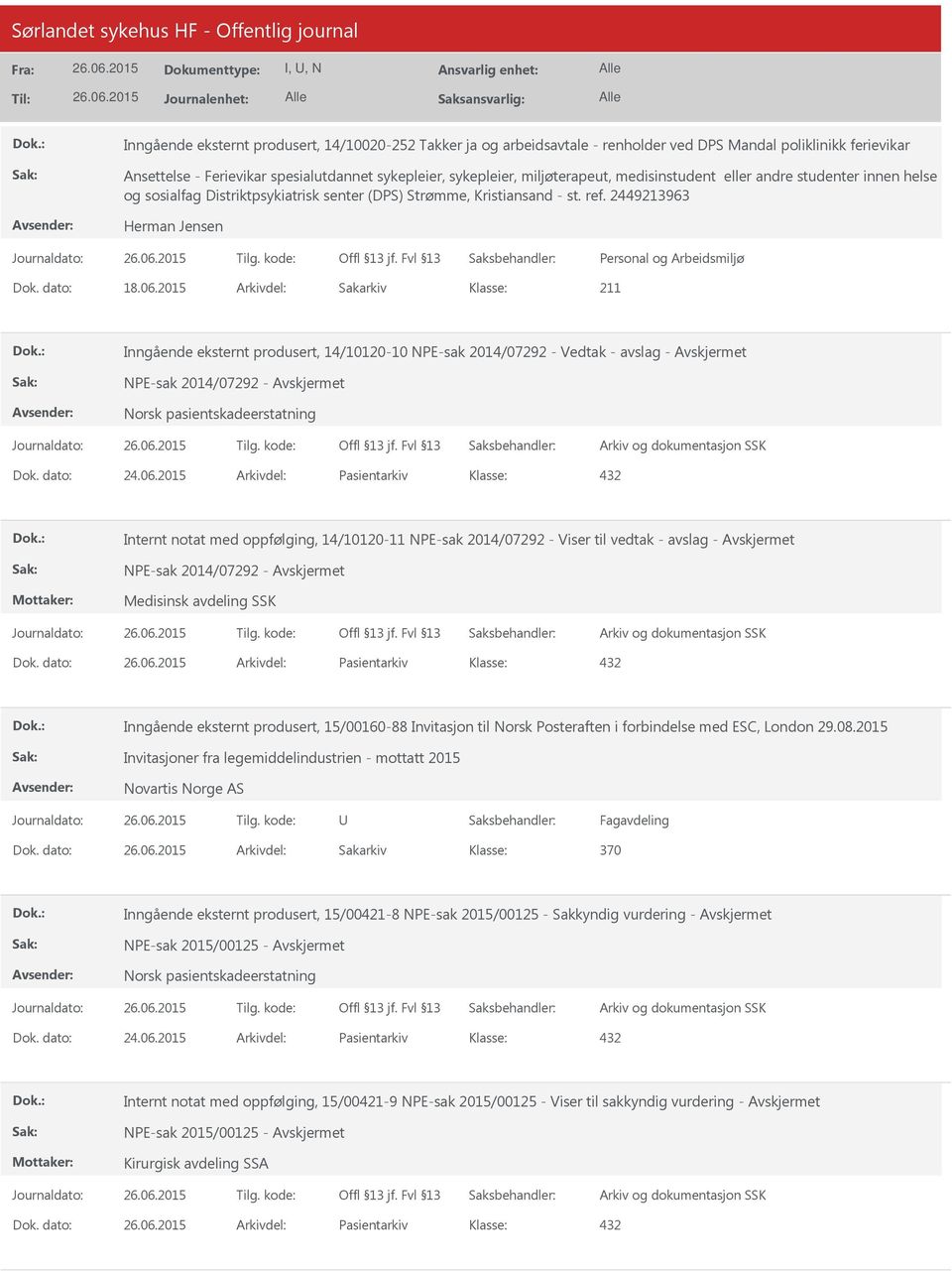 2015 Arkivdel: Sakarkiv Inngående eksternt produsert, 14/10120-10 NPE-sak 2014/07292 - Vedtak - avslag - NPE-sak 2014/07292 - Norsk pasientskadeerstatning Dok. dato: 24.06.