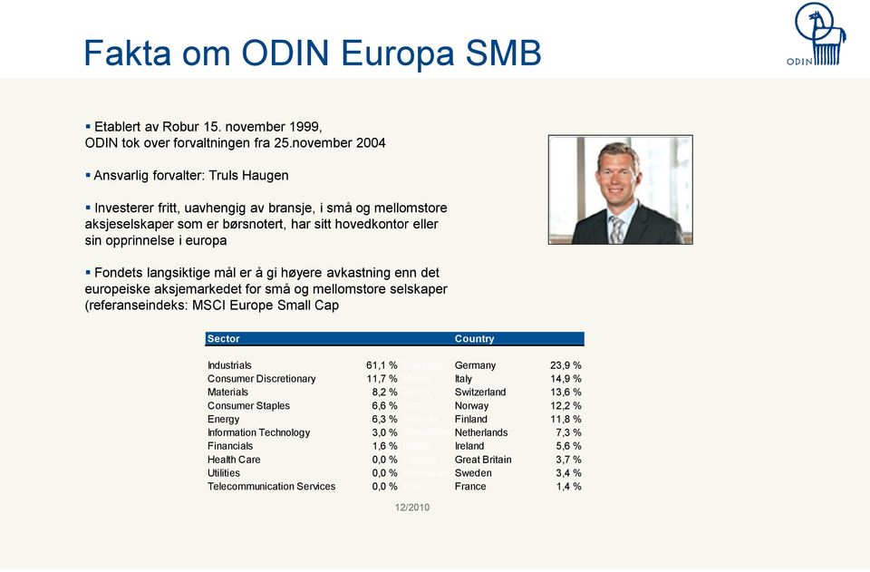 Fondets langsiktige mål er å gi høyere avkastning enn det europeiske aksjemarkedet for små og mellomstore selskaper (referanseindeks: MSCI Europe Small Cap Sector Country Industrials 61,1 % Frankfurt