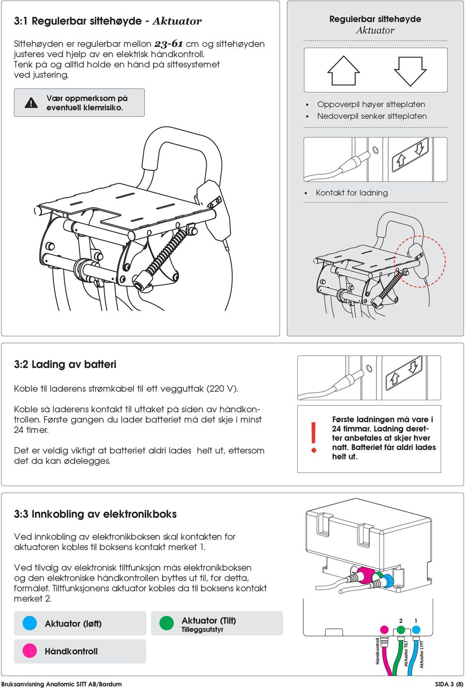 Oppoverpil høyer sitteplaten Nedoverpil senker sitteplaten Kontakt for ladning 3:2 Lading av batteri Koble til laderens strømkabel til ett vegguttak (220 V).