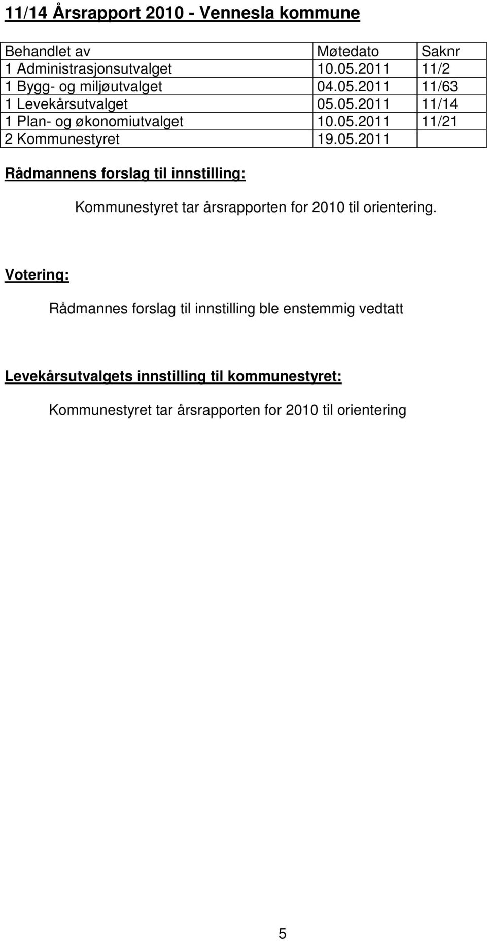 05.2011 Rådmannens forslag til innstilling: Kommunestyret tar årsrapporten for 2010 til orientering.