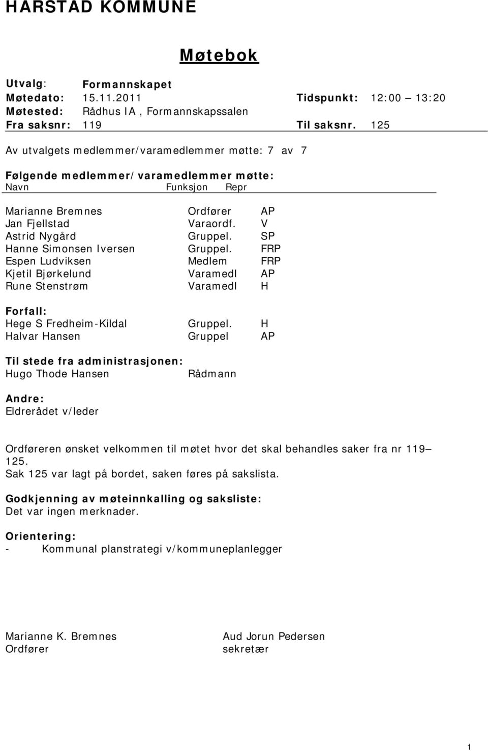 SP Hanne Simonsen Iversen Gruppel. FRP Espen Ludviksen Medlem FRP Kjetil Bjørkelund Varamedl AP Rune Stenstrøm Varamedl H Forfall: Hege S Fredheim-Kildal Gruppel.