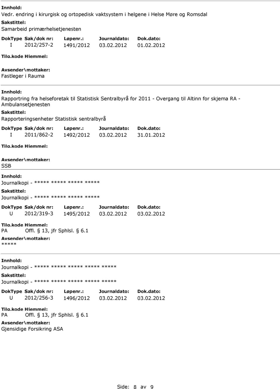 2012/257-2 1491/2012 Fastleger i Rauma nnhold: Rapportring fra helseforetak til Statistisk Sentralbyrå for 2011 -