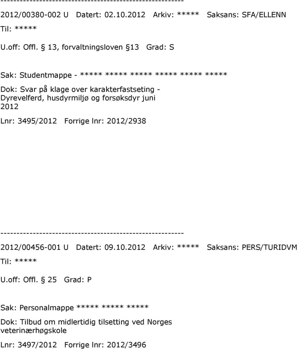 - Dyrevelferd, husdyrmiljø og forsøksdyr juni 2012 Lnr: 3495/2012 Forrige lnr: 2012/2938 2012/00456-001 U Datert: 09.10.