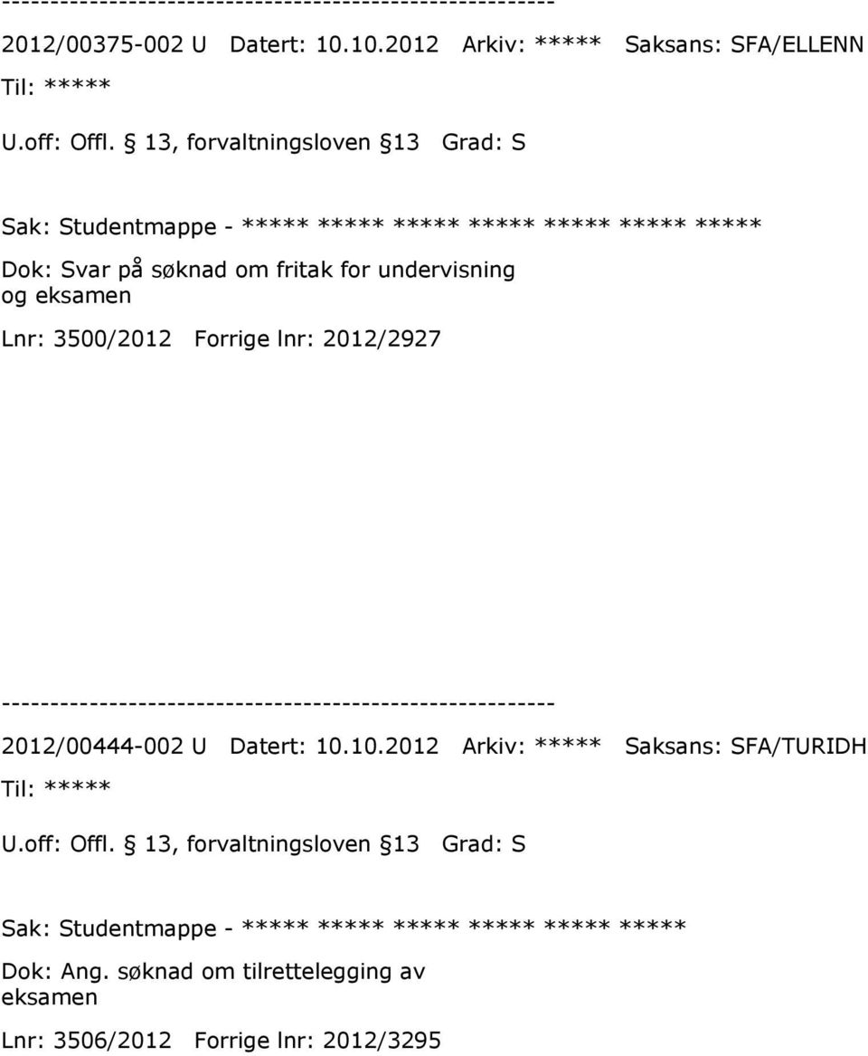 undervisning og eksamen Lnr: 3500/2012 Forrige lnr: 2012/2927 2012/00444-002 U Datert: 10.