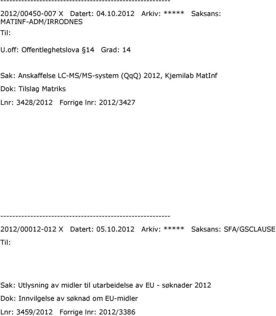 Matriks Lnr: 3428/2012 Forrige lnr: 2012/3427 2012/00012-012 X Datert: 05.10.