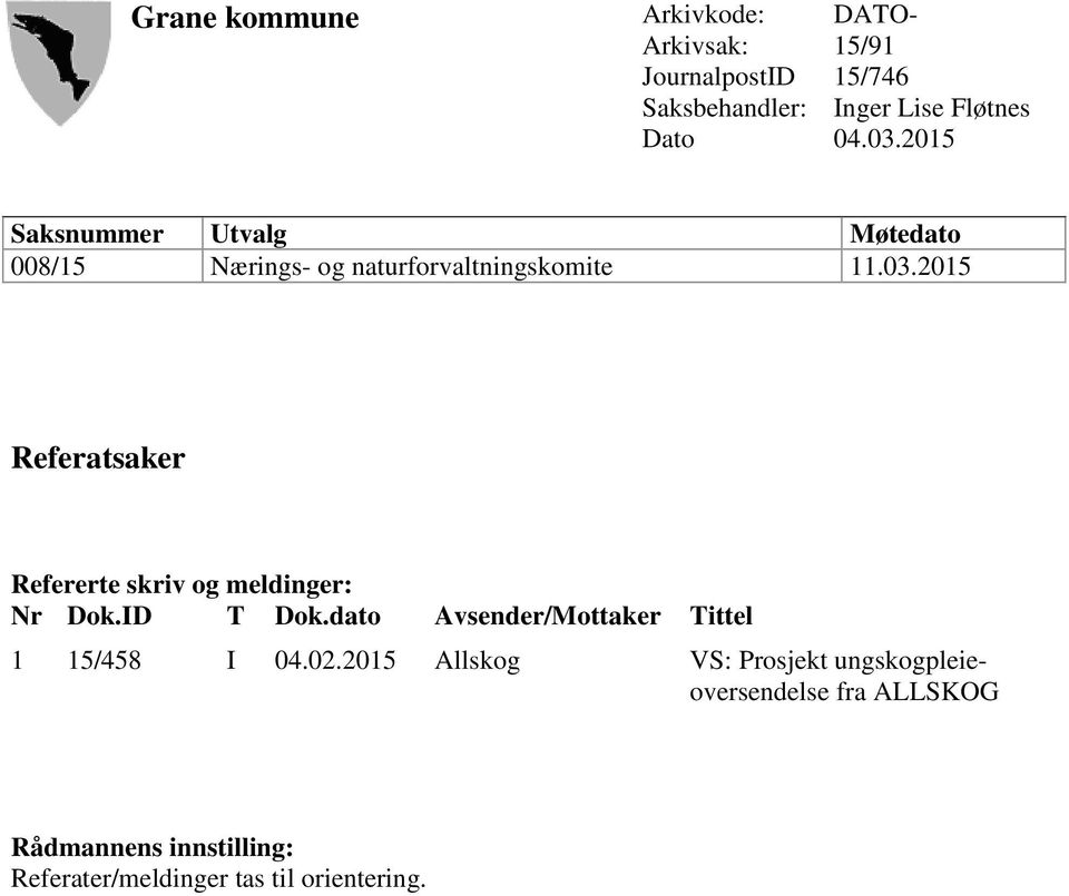 ID T Dok.dato Avsender/Mottaker Tittel 1 15/458 I 04.02.