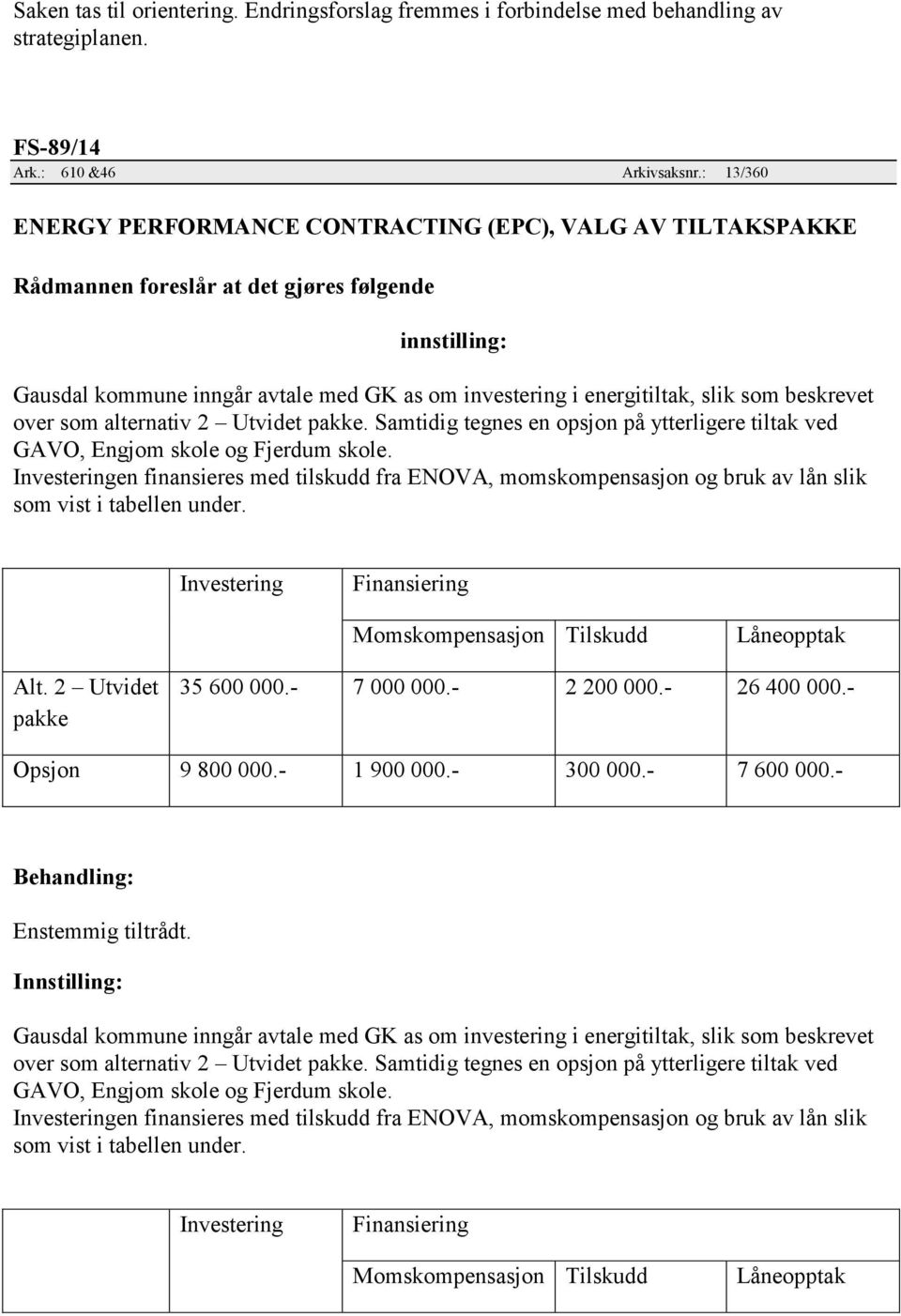 Samtidig tegnes en opsjon på ytterligere tiltak ved GAVO, Engjom skole og Fjerdum skole.