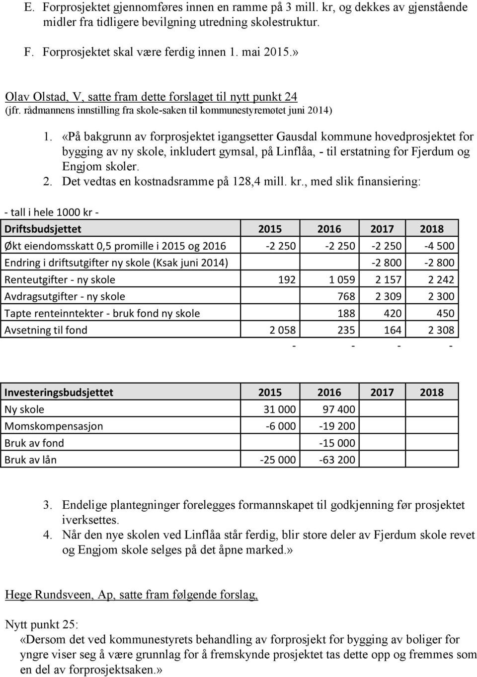 «På bakgrunn av forprosjektet igangsetter Gausdal kommune hovedprosjektet for bygging av ny skole, inkludert gymsal, på Linflåa, - til erstatning for Fjerdum og Engjom skoler. 2.