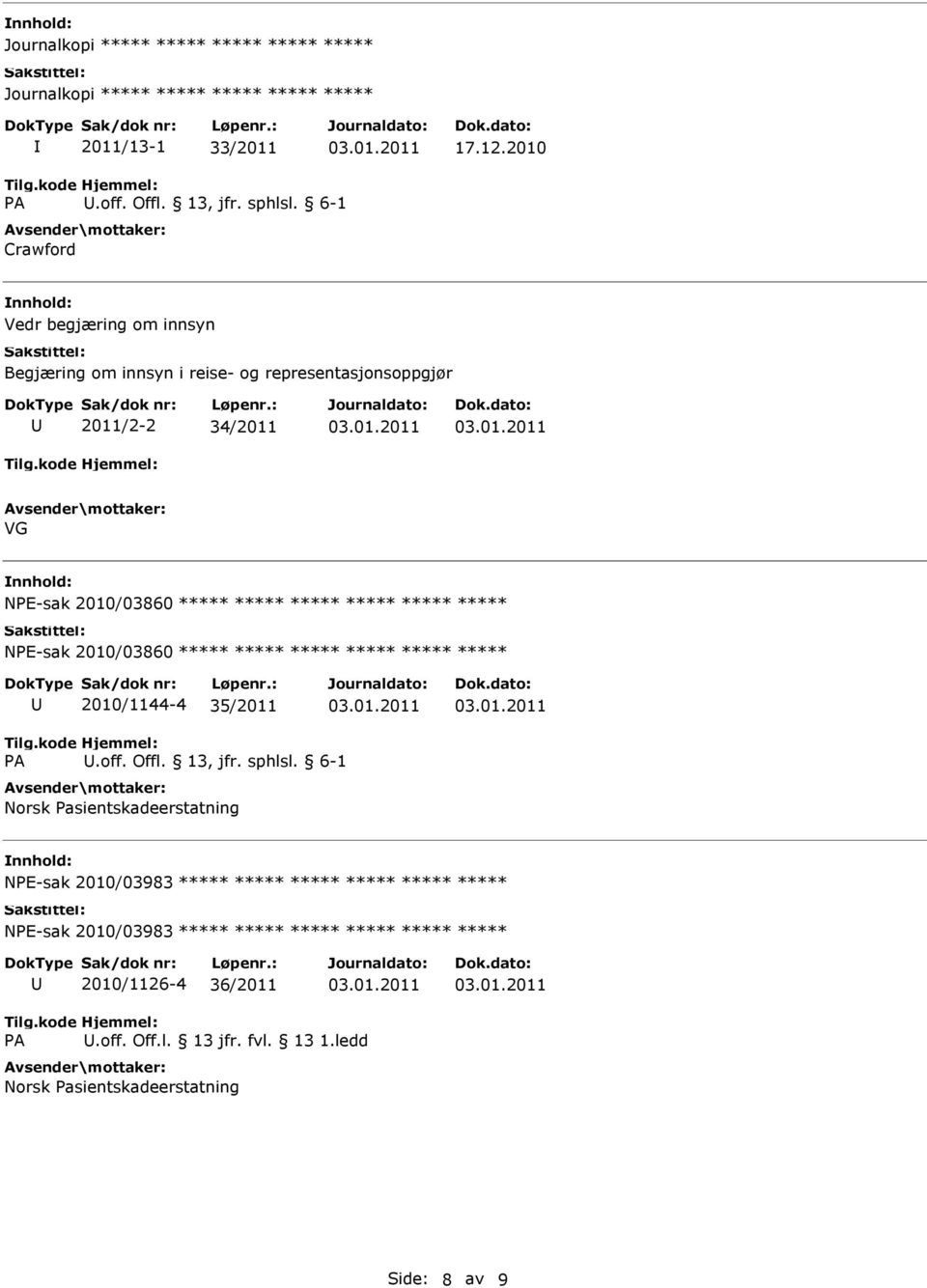 VG nnhold: NPE-sak 2010/03860 ***** ***** ***** ***** ***** ***** NPE-sak 2010/03860 ***** ***** ***** ***** *****