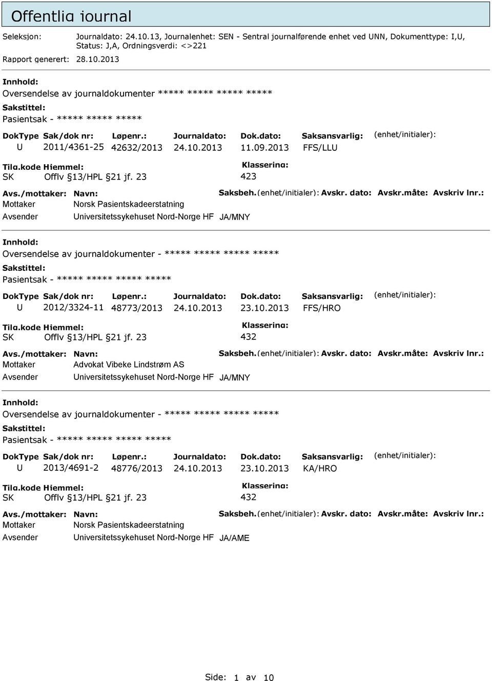 : niversitetssykehuset Nord-Norge HF JA/MNY Oversendelse av journaldokumenter - ***** ***** ***** ***** 2012/3324-11 48773/2013 FFS/HRO Avs./mottaker: Navn: Saksbeh. Avskr. dato: Avskr.