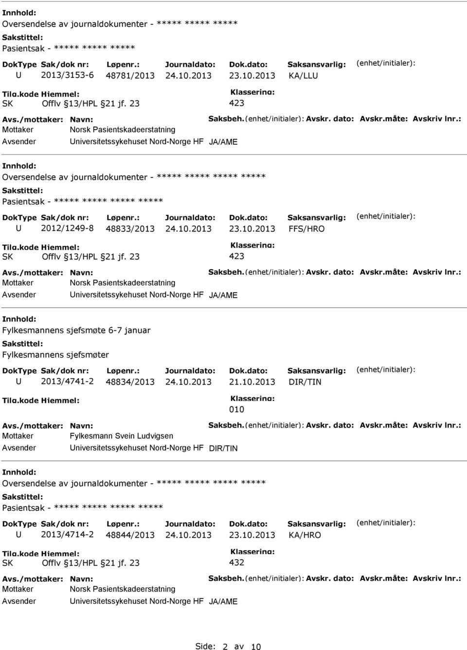 : niversitetssykehuset Nord-Norge HF Fylkesmannens sjefsmøte 6-7 januar Fylkesmannens sjefsmøter 2013/4741-2 48834/2013 21.10.2013 DR/TN 010 Avs./mottaker: Navn: Saksbeh. Avskr. dato: Avskr.