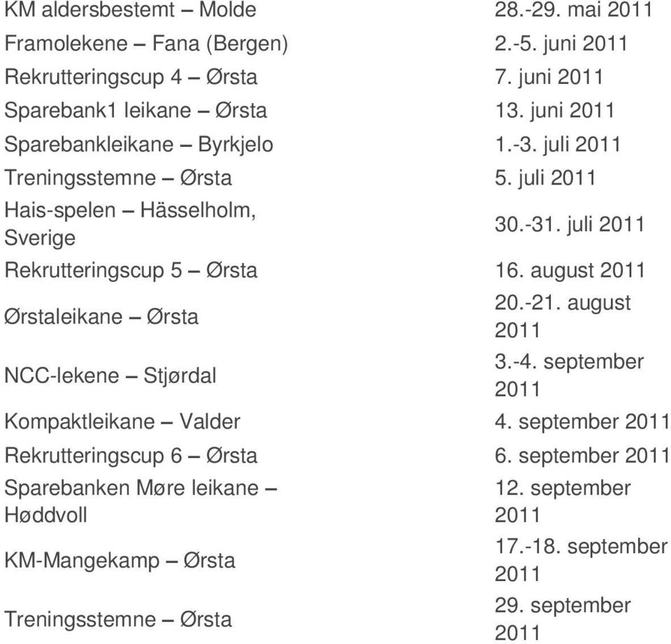 juli Rekrutteringscup 5 Ørsta 16. august Ørstaleikane Ørsta NCC-lekene Stjørdal 20.-21. august 3.-4. september Kompaktleikane Valder 4.