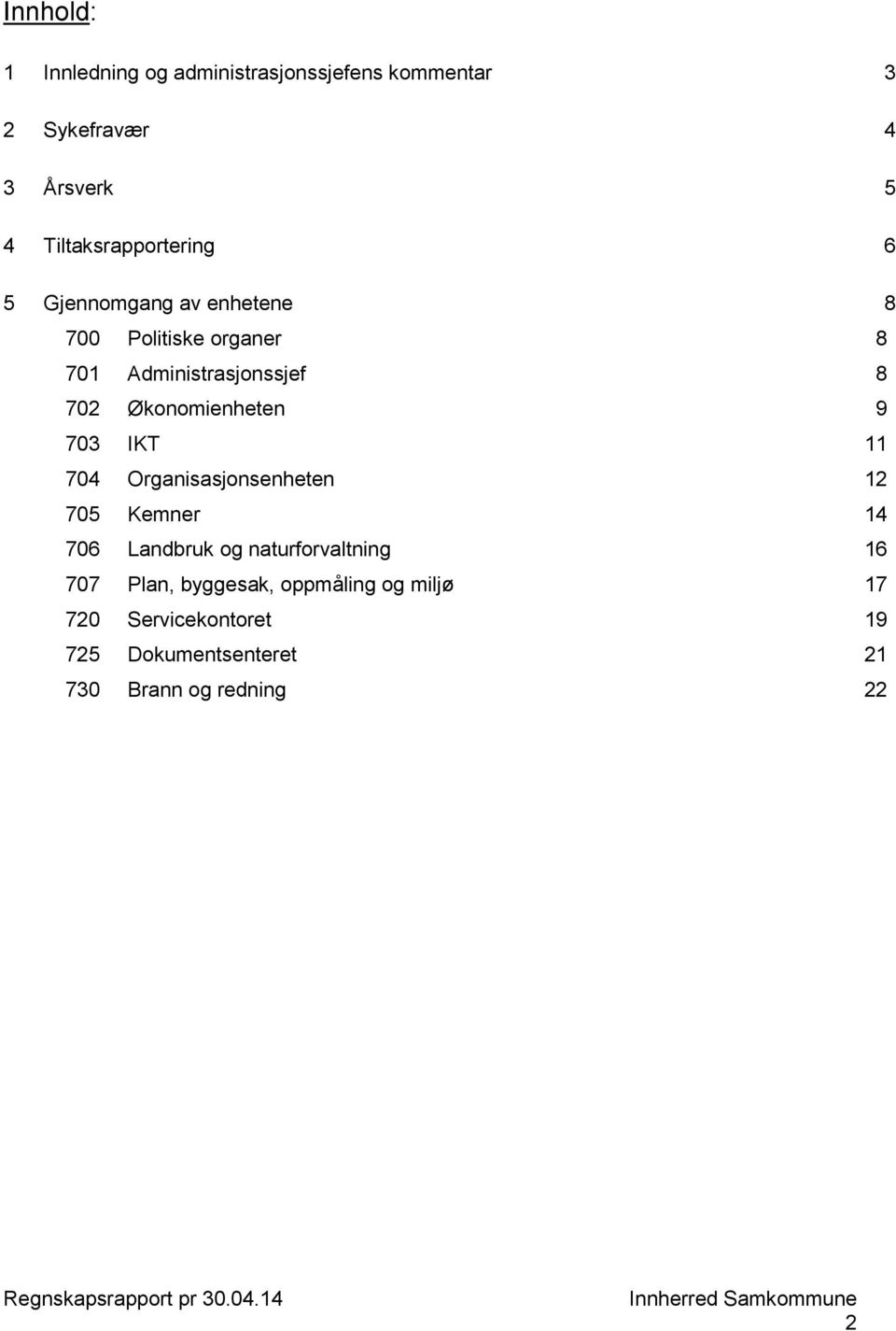 Økonomienheten 9 703 IKT 11 704 Organisasjonsenheten 12 705 Kemner 14 706 Landbruk og naturforvaltning 16