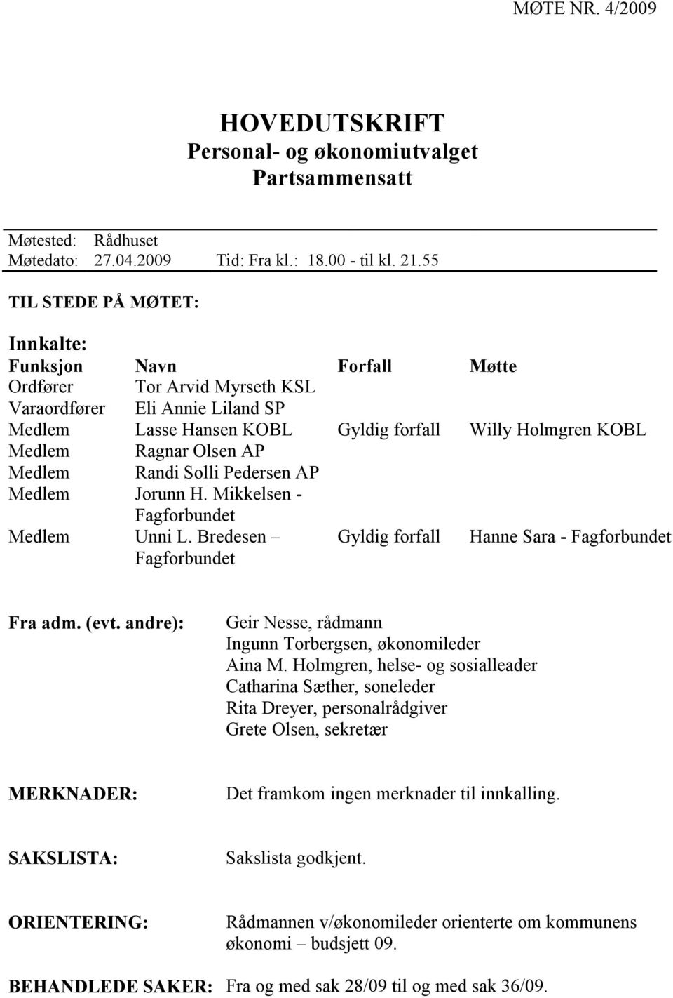 Olsen AP Medlem Randi Solli Pedersen AP Medlem Jorunn H. Mikkelsen - Fagforbundet Medlem Unni L. Bredesen Fagforbundet Gyldig forfall Hanne Sara - Fagforbundet Fra adm. (evt.