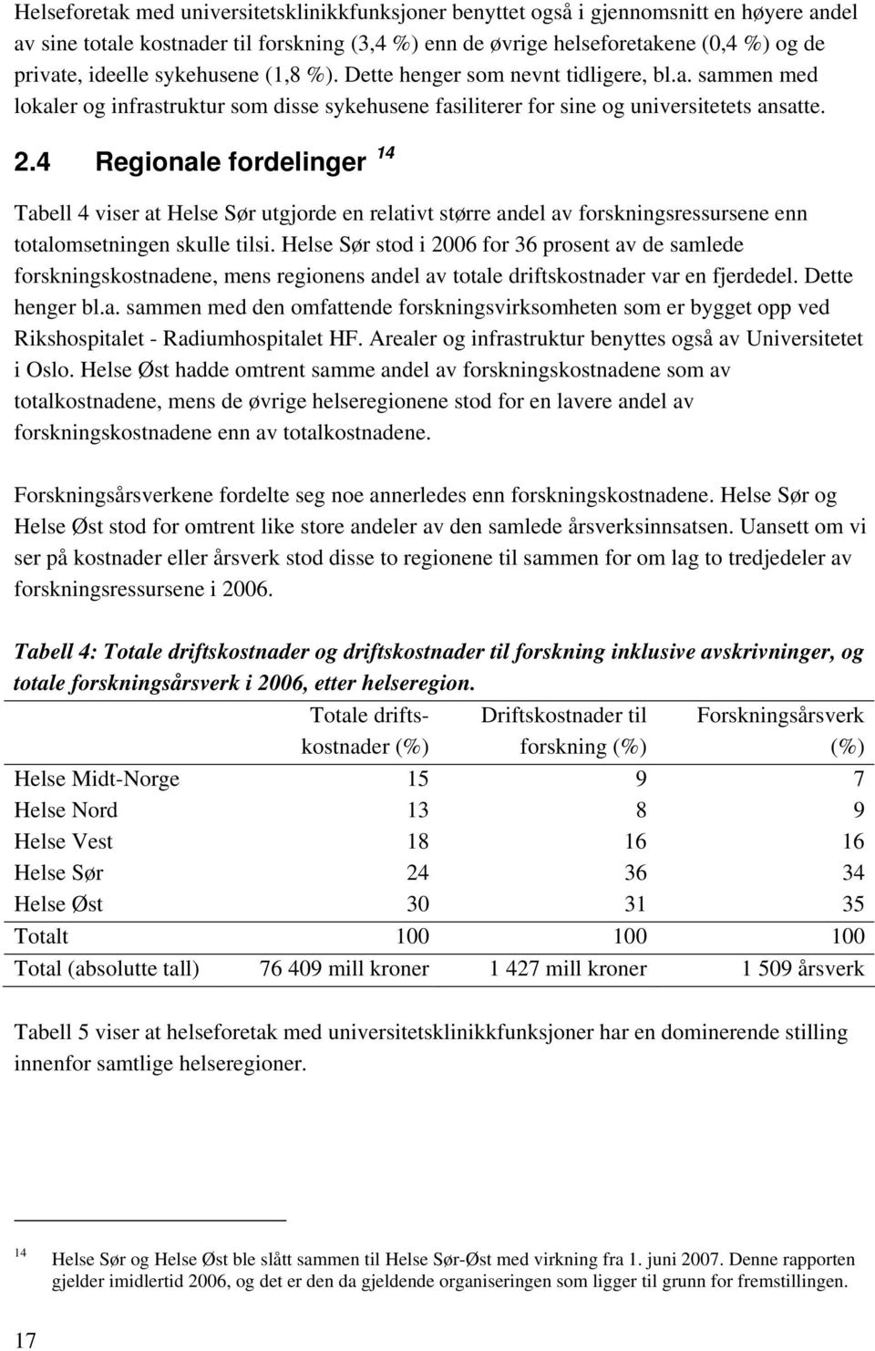 4 Regionale fordelinger 14 Tabell 4 viser at Helse Sør utgjorde en relativt større andel av forskningsressursene enn totalomsetningen skulle tilsi.