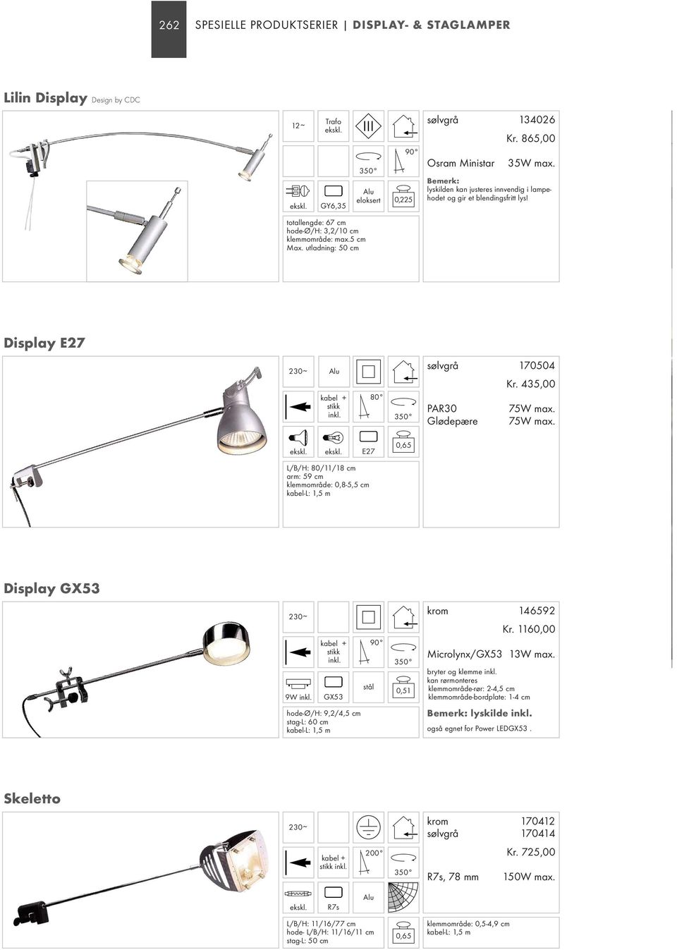 Display E27 kabel + stikk 80 sølvgrå 170504 Kr. 435,00 PAR30 75W max. Glødepære 75W max.