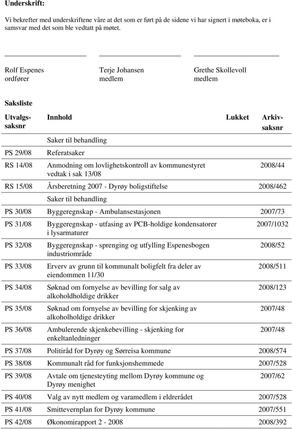 lovlighetskontroll av kommunestyret vedtak i sak 13/08 2008/44 RS 15/08 Årsberetning 2007 - Dyrøy boligstiftelse 2008/462 Saker til behandling PS 30/08 Byggeregnskap - Ambulansestasjonen 2007/73 PS