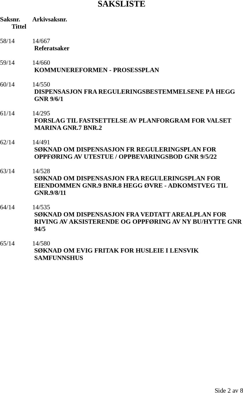 FASTSETTELSE AV PLANFORGRAM FOR VALSET MARINA GNR.7 BNR.