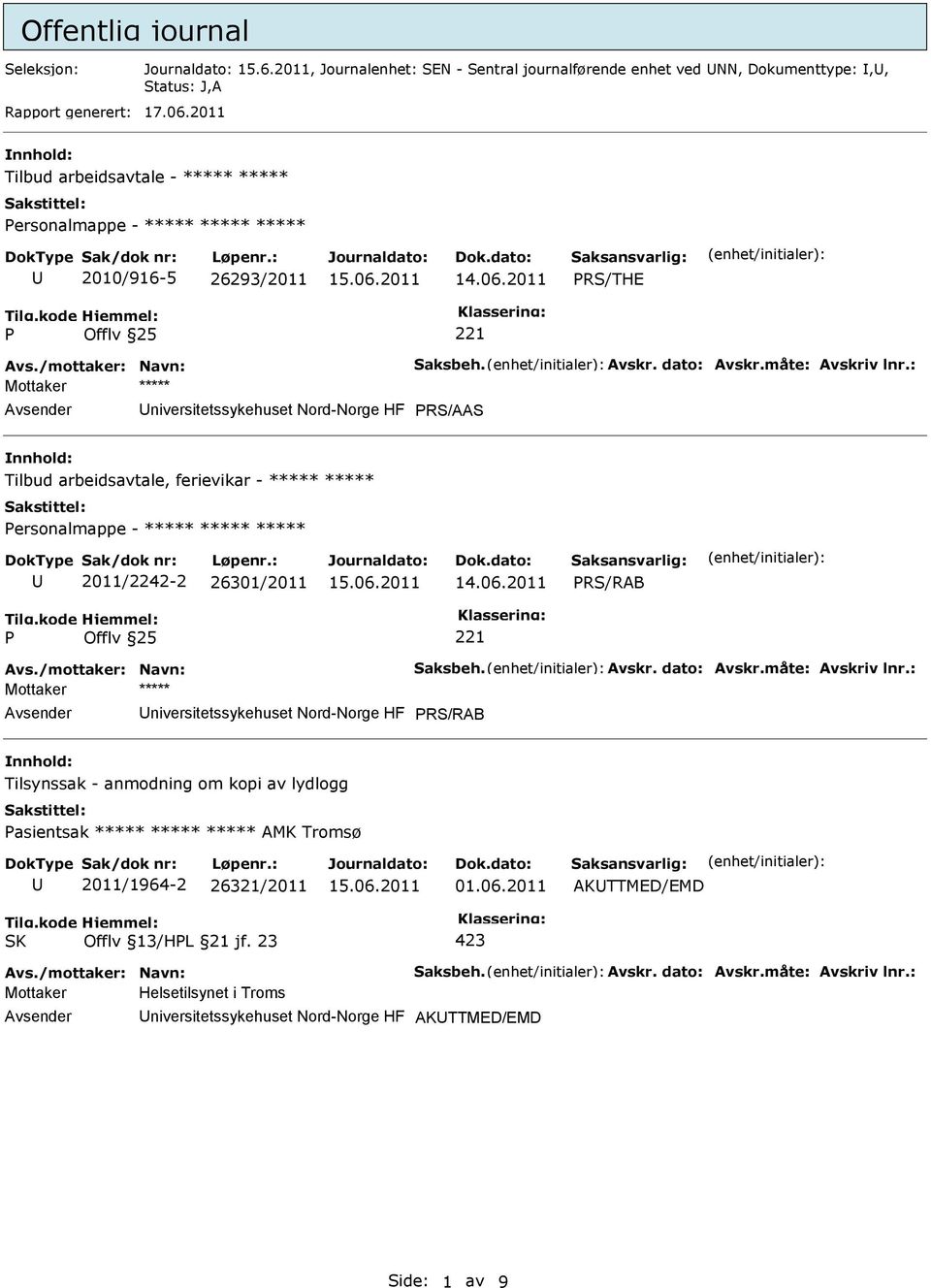 : Mottaker ***** niversitetssykehuset Nord-Norge HF RS/AAS Tilbud arbeidsavtale, ferievikar - ***** ***** ersonalmappe - ***** ***** ***** 2011/2242-2 26301/2011 RS/RAB Offlv 25 Avs.