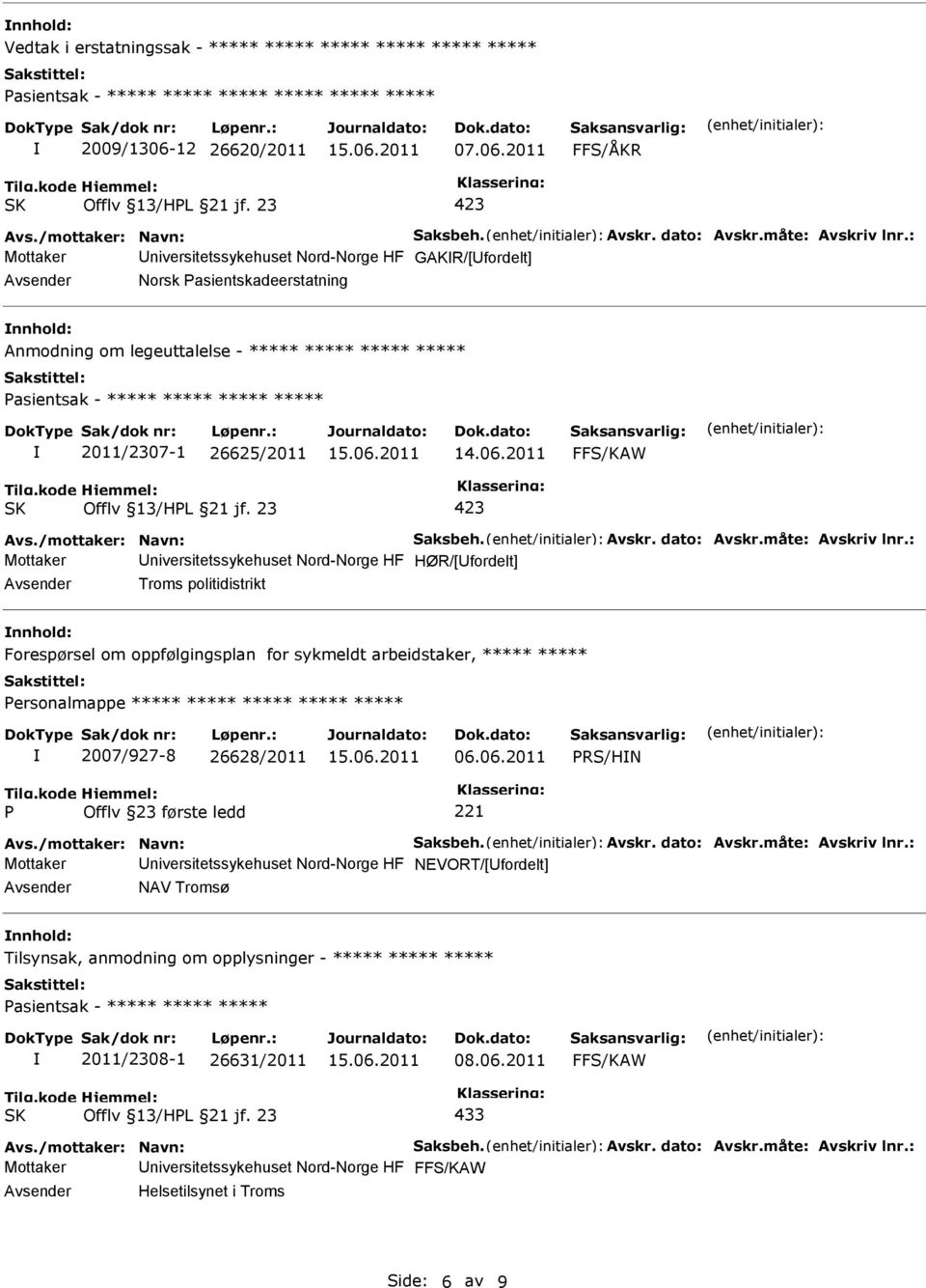 : Mottaker niversitetssykehuset Nord-Norge HF GAKR/[fordelt] Norsk asientskadeerstatning Anmodning om legeuttalelse - ***** ***** ***** ***** asientsak - ***** ***** ***** ***** 2011/2307-1