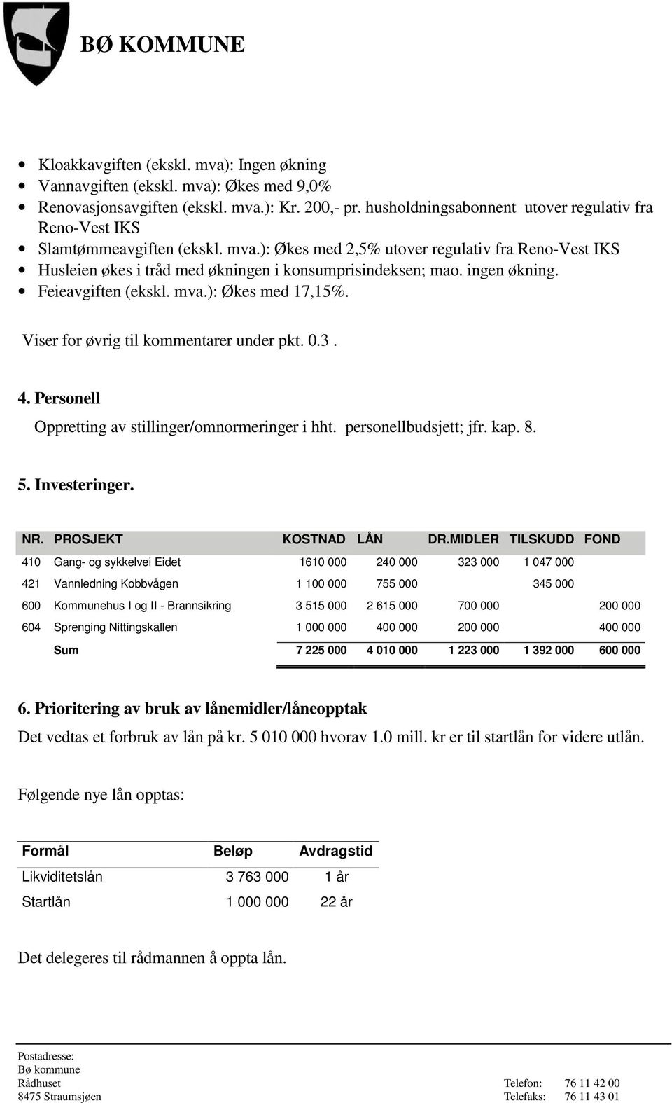 ingen økning. Feieavgiften (ekskl. mva.): Økes med 17,15%. Viser for øvrig til kommentarer under pkt. 0.3. 4. Personell Oppretting av stillinger/omnormeringer i hht. personellbudsjett; jfr. kap. 8. 5.