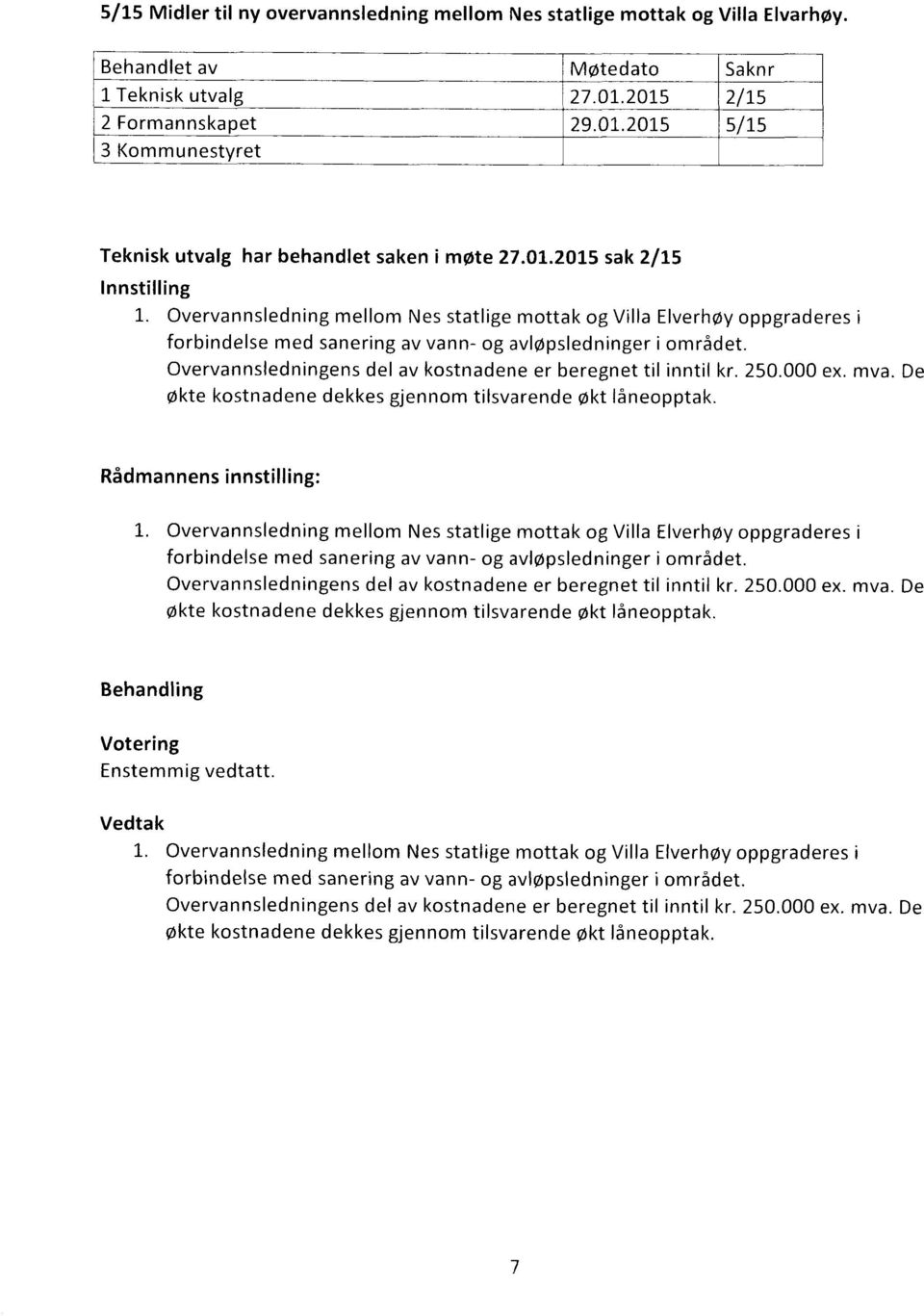 Overvannsledningens del av kostnadene er beregnet til inntil kr. 250.000 ex. mva. De økte kostnadene dekkes gjennom tilsvarende økt låneopptak. 1.