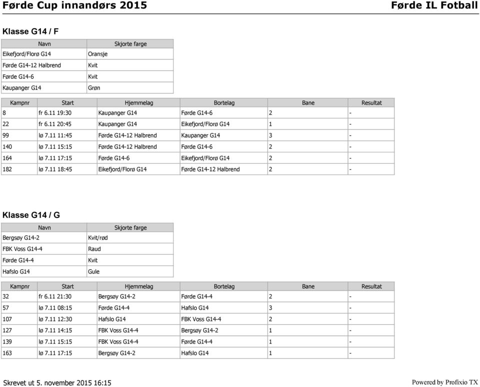 11 17:15 Førde G14-6 Eikefjord/Florø G14 2-182 lø 7.11 18:45 Eikefjord/Florø G14 Førde G14-12 Halbrend 2 - Klasse G14 / G Bergsøy G14-2 FBK Voss G14-4 Førde G14-4 Hafslo G14 /rød Gule 32 fr 6.