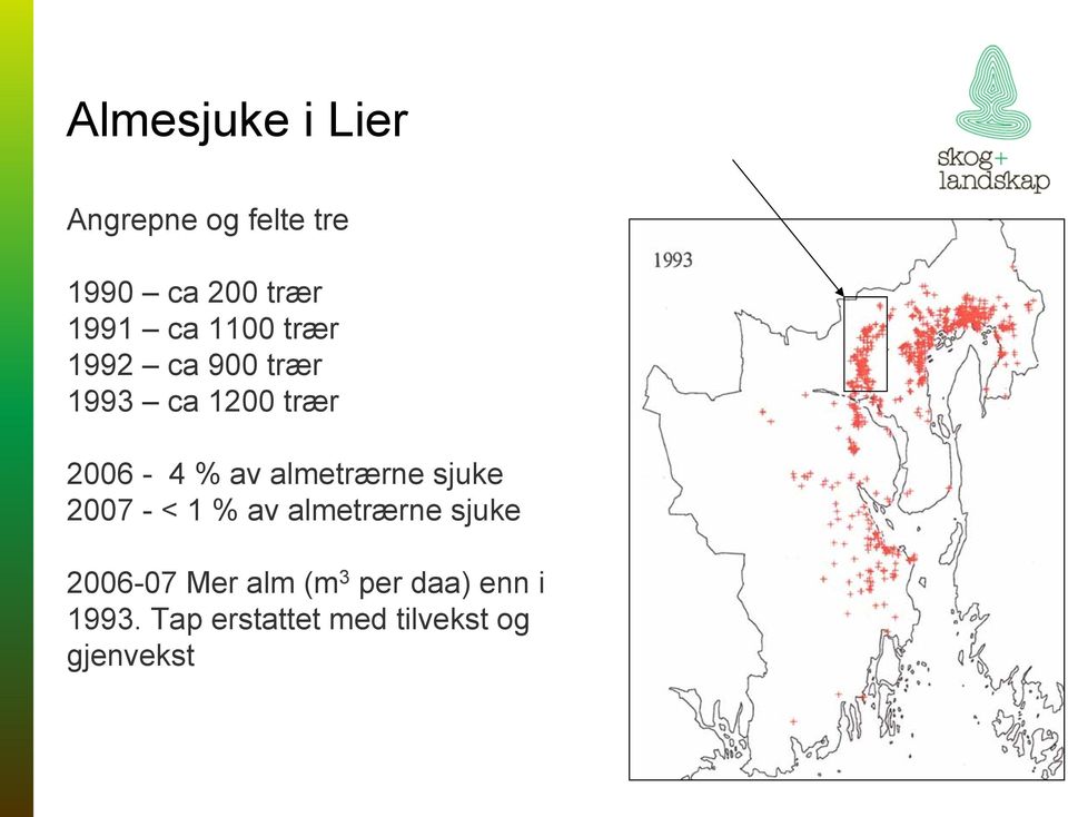 almetrærne sjuke 2007 - < 1 % av almetrærne sjuke 2006-07 Mer