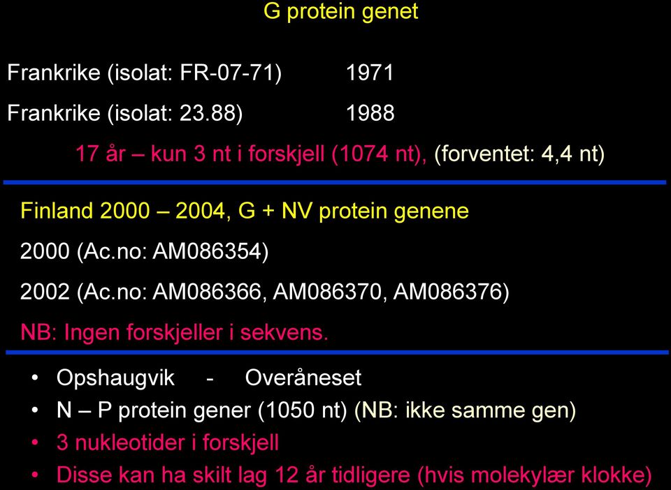 2000 (Ac.no: AM086354) 2002 (Ac.no: AM086366, AM086370, AM086376) NB: Ingen forskjeller i sekvens.