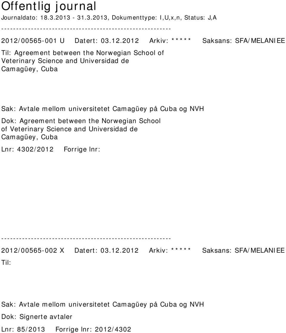 2012 Arkiv: ***** Saksans: SFA/MELANIEE Agreement between the Norwegian School of Veterinary Science and Universidad de Camagüey, Cuba Sak: Avtale mellom