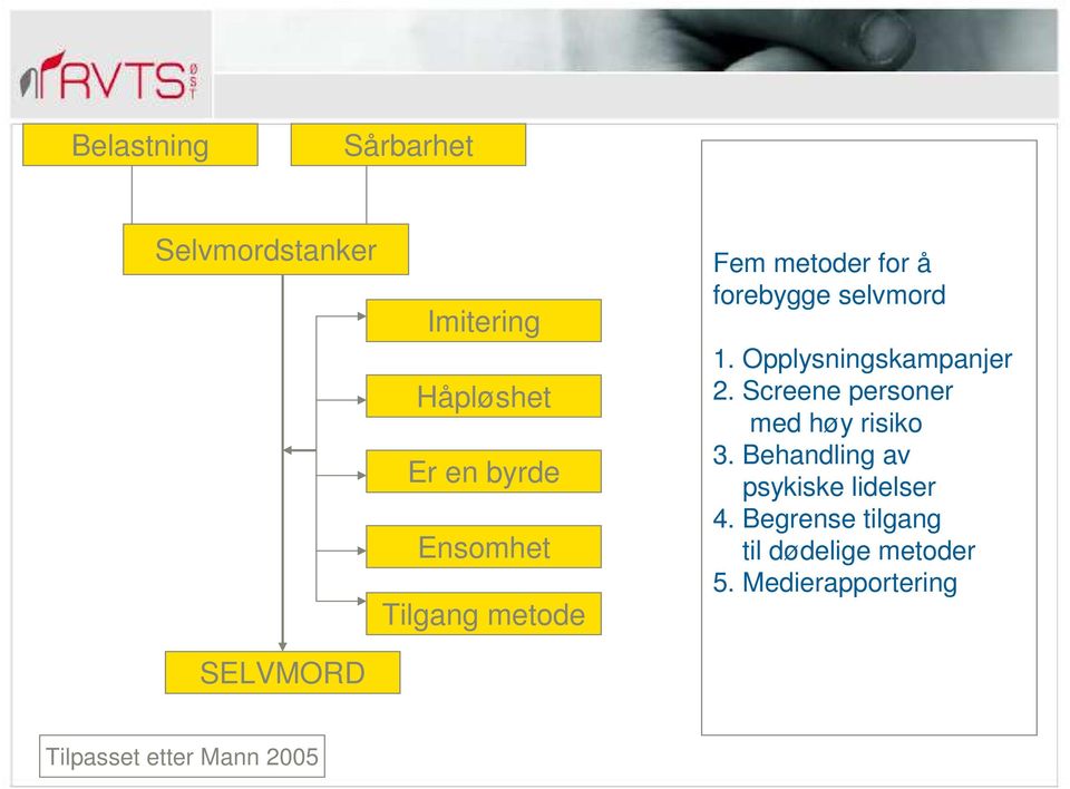 Screene personer med høy risiko 3. Behandling av psykiske lidelser 4.