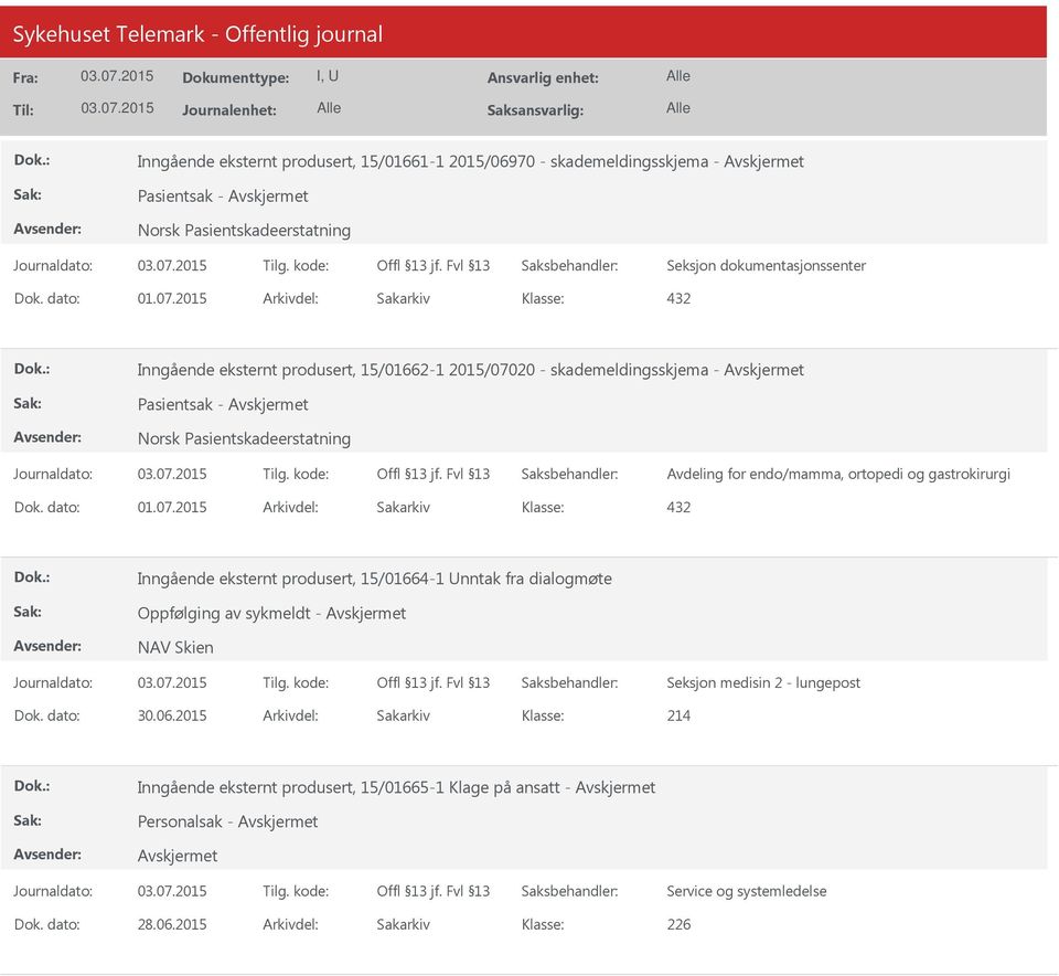 gastrokirurgi 432 Inngående eksternt produsert, 15/01664-1 Unntak fra dialogmøte Oppfølging av sykmeldt - NAV Skien Seksjon medisin 2 - lungepost Dok. dato: 30.