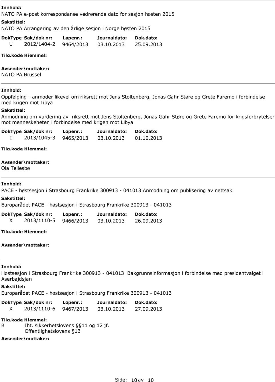 Stoltenberg, Jonas Gahr Støre og Grete Faremo for krigsforbrytelser mot menneskeheten i forbindelse med krigen mot Libya 2013/104