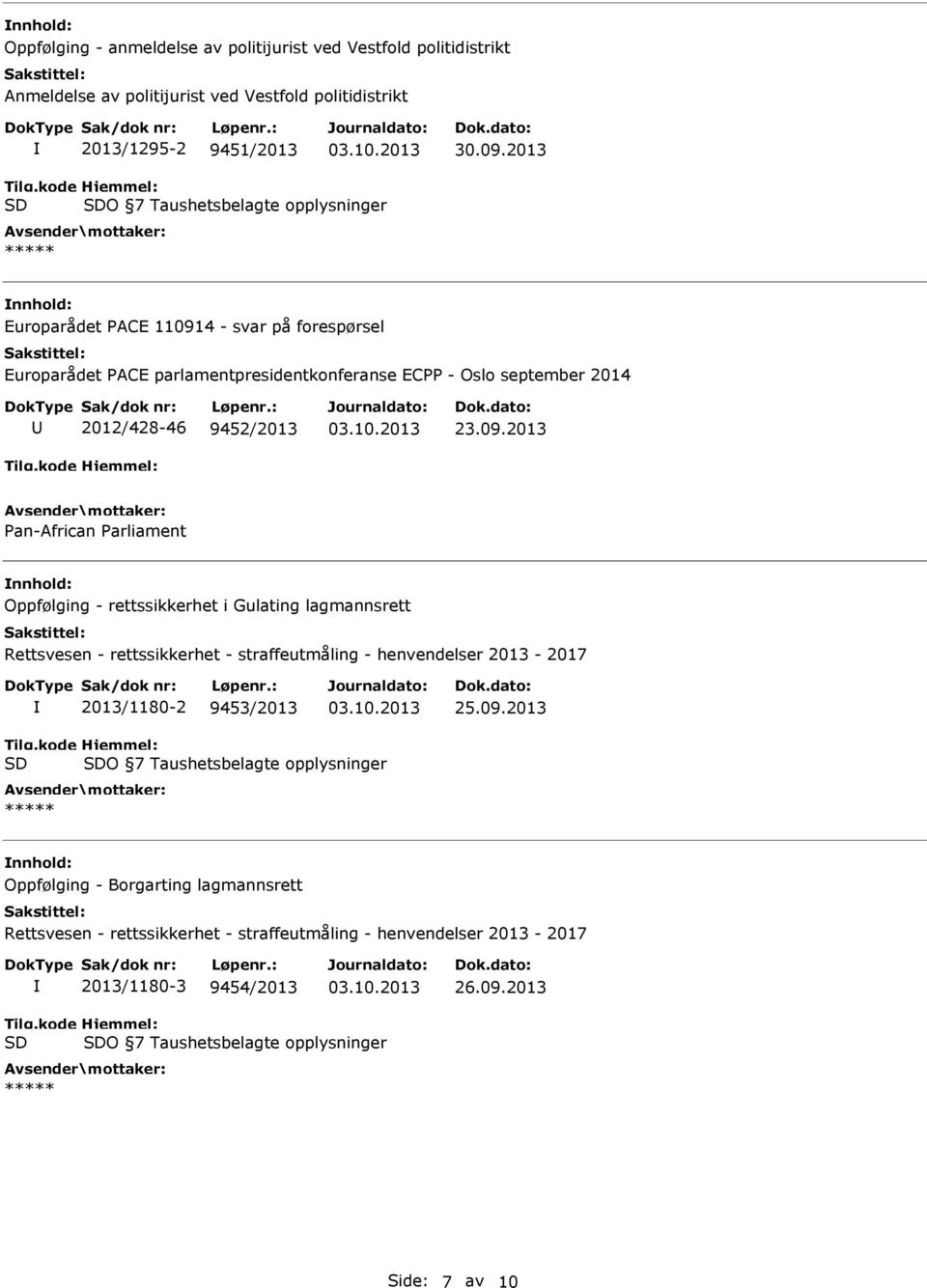 09.2013 Pan-African Parliament Oppfølging - rettssikkerhet i Gulating lagmannsrett Rettsvesen - rettssikkerhet - straffeutmåling - henvendelser 2013-2017 2013/1180-2 9453/2013 25.09.2013 O 7 Taushetsbelagte opplysninger ***** Oppfølging - Borgarting lagmannsrett Rettsvesen - rettssikkerhet - straffeutmåling - henvendelser 2013-2017 2013/1180-3 9454/2013 26.