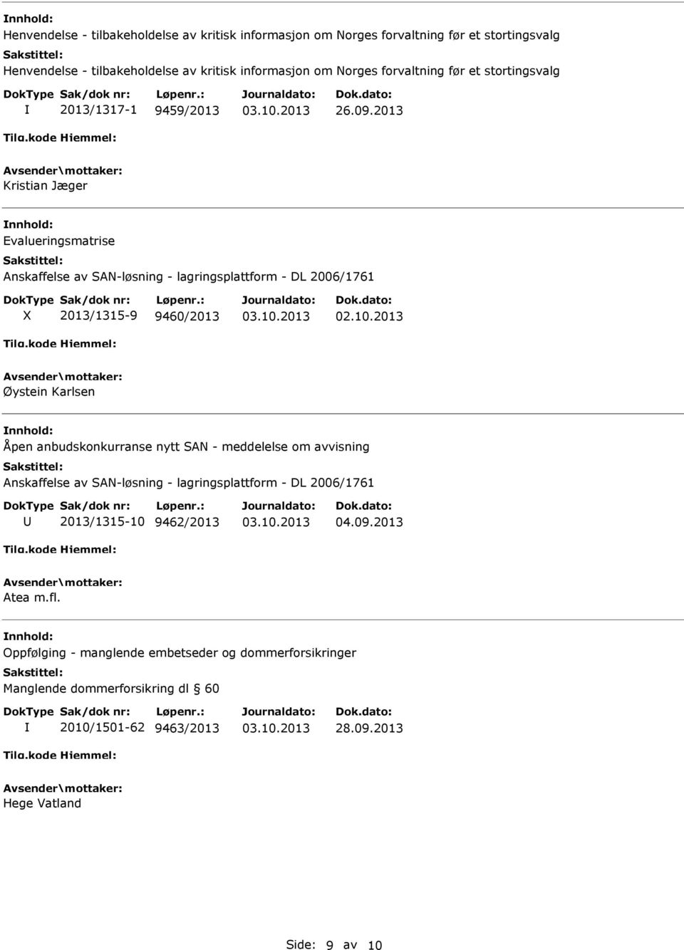 2013 Kristian Jæger Evalueringsmatrise 2013/1315-9 9460/2013 Øystein Karlsen Åpen anbudskonkurranse nytt SAN - meddelelse om avvisning