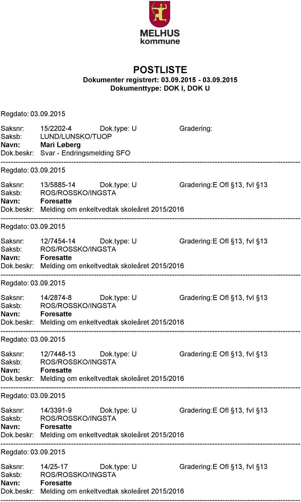 type: U Gradering:E Ofl 13, fvl 13 Saksnr: 14/2874-8 Dok.type: U Gradering:E Ofl 13, fvl 13 Saksnr: 12/7448-13 Dok.