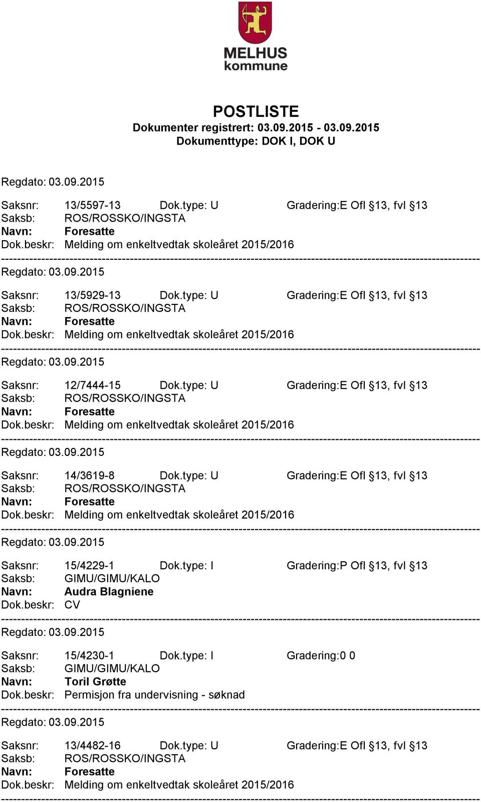 type: U Gradering:E Ofl 13, fvl 13 Saksnr: 15/4229-1 Dok.