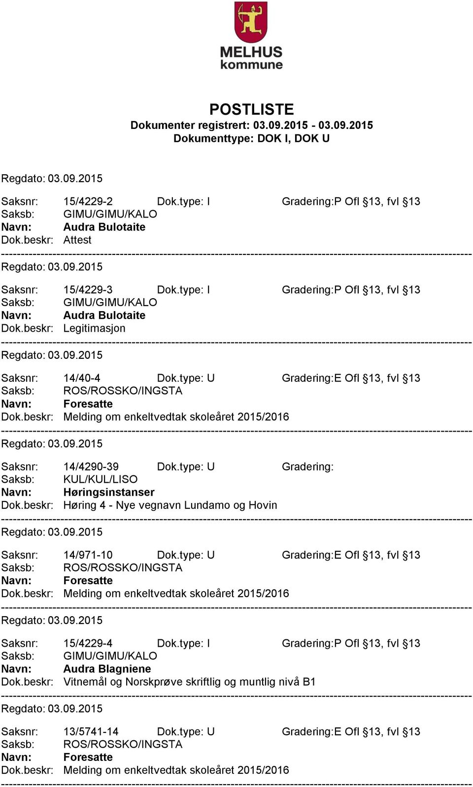 type: U Gradering:E Ofl 13, fvl 13 Saksnr: 14/4290-39 Dok.type: U Gradering: Saksb: KUL/KUL/LISO Navn: Høringsinstanser Dok.